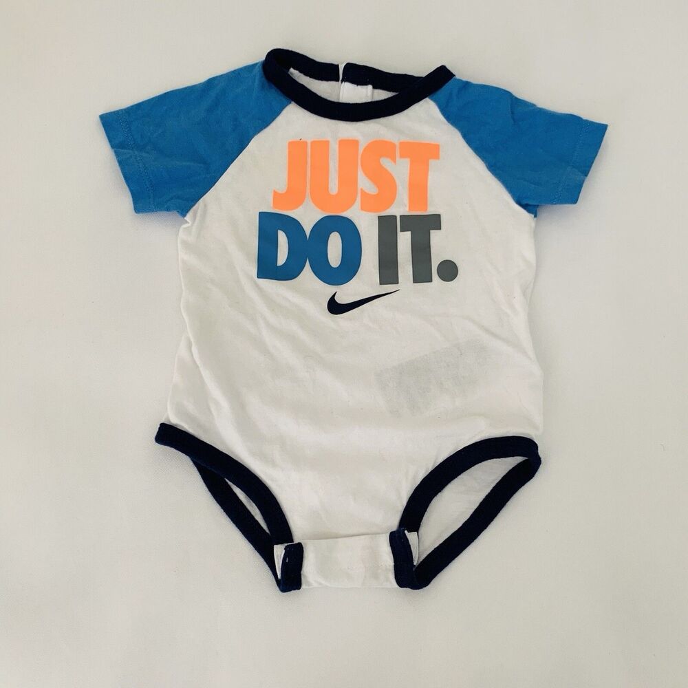 Nike Bodysuit Baby Boy 9 Months White Blue Just Do It Spellout‎ Logo Swoosh Snap